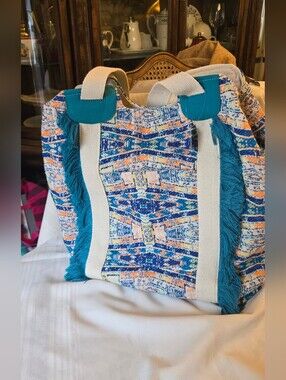 24HR SALE...NWT Falls Creek XL Blue & Teal Patterned Fringe Tote Bag